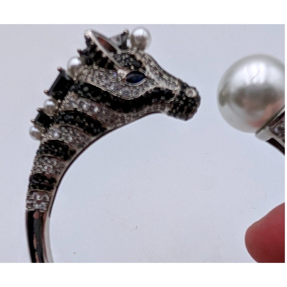 Kate Spade Zebra Hinged Cuff Bracelet Silver Tone Pave Crystal Faux Pearl Bypass - Picture 3 of 7